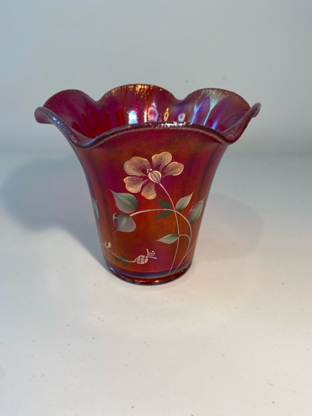 Fenton Iridescent Red Carnival Glass Hand-Painted Floral Vase